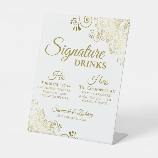 Signature Drinks Elegant Gold & White Wedding Bar Pedestal Sign (Front)
