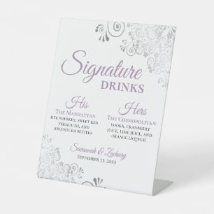 Signature Drinks Elegant Lavender & Silver Wedding Pedestal Sign