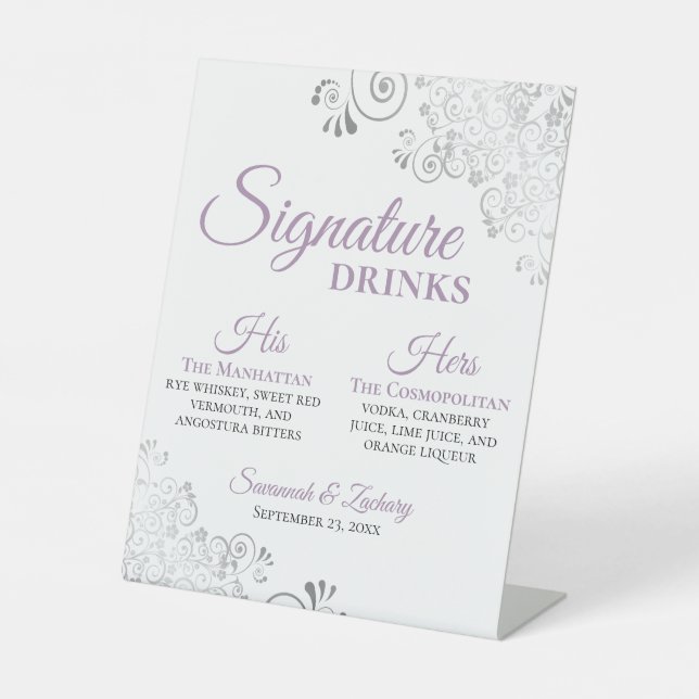Signature Drinks Elegant Lavender & Silver Wedding Pedestal Sign (Front)