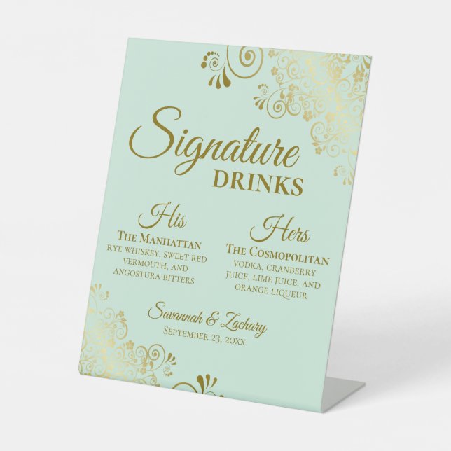 Signature Drinks Elegant Mint Green & Gold Wedding Pedestal Sign (Front)