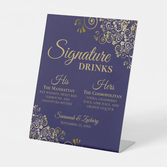 Signature Drinks Elegant Navy Blue & Gold Wedding Pedestal Sign (Front)