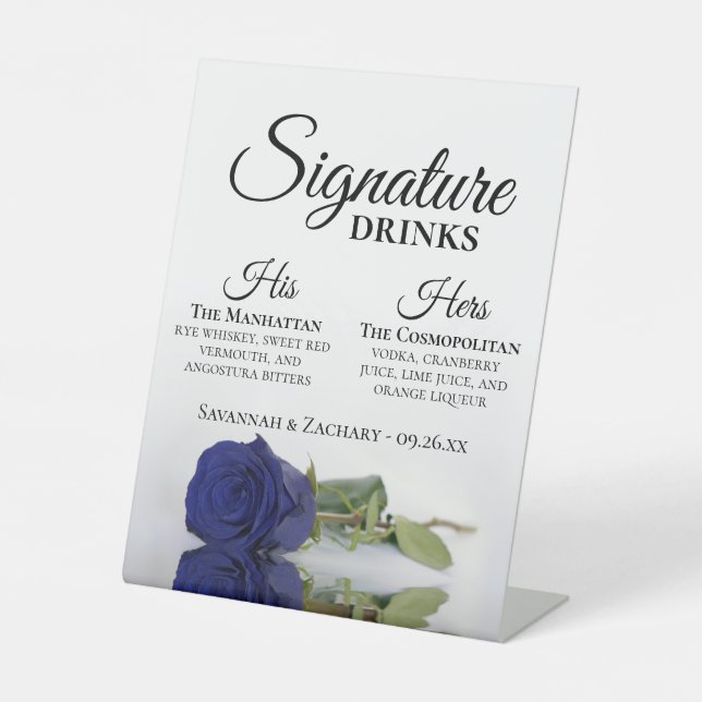 Signature Drinks Elegant Navy Blue Rose Wedding Pedestal Sign (Front)