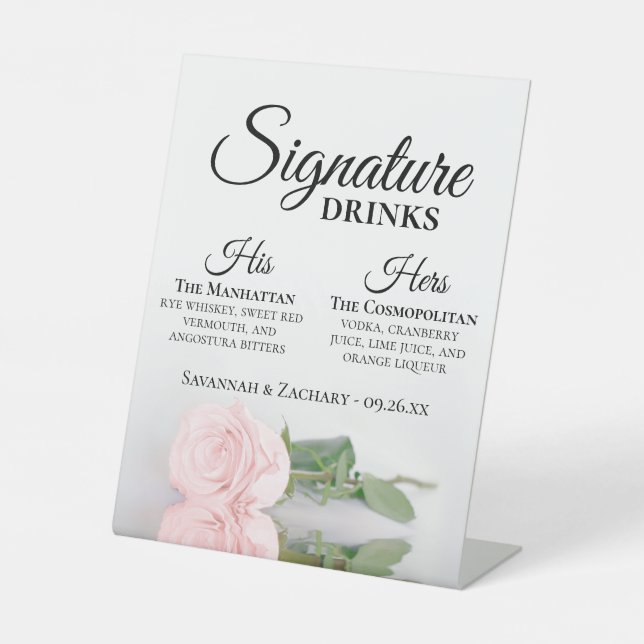 Signature Drinks Elegant Pink Rose Wedding Pedestal Sign (Front)