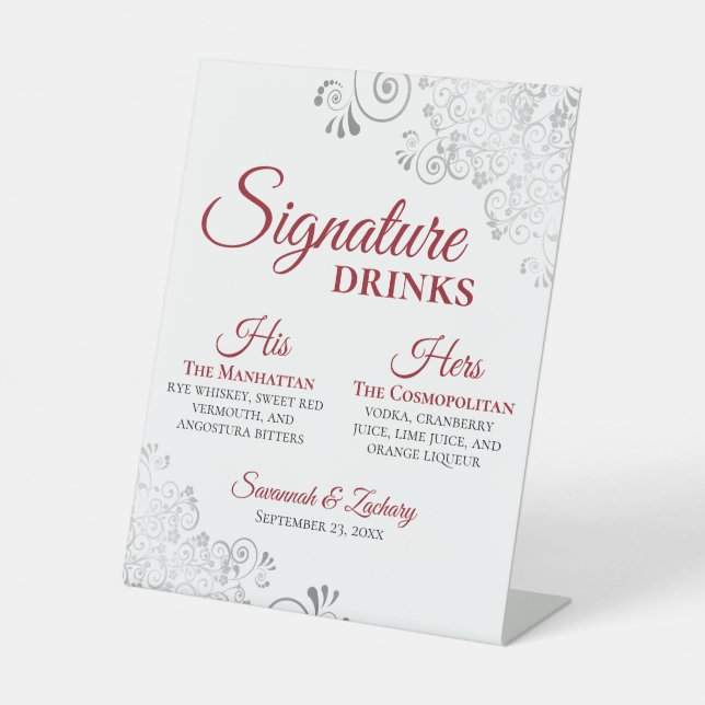 Signature Drinks Elegant Red & Silver Wedding Pedestal Sign (Front)