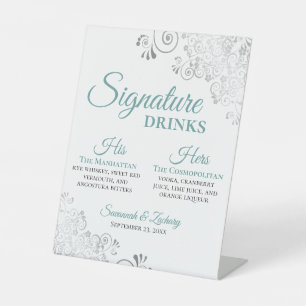 Signature Drinks Elegant Teal & Silver Wedding Pedestal Sign