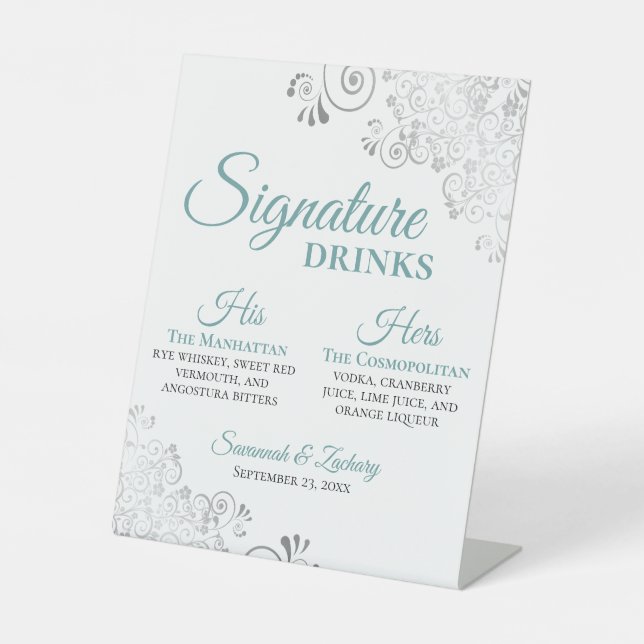 Signature Drinks Elegant Teal & Silver Wedding Pedestal Sign (Front)