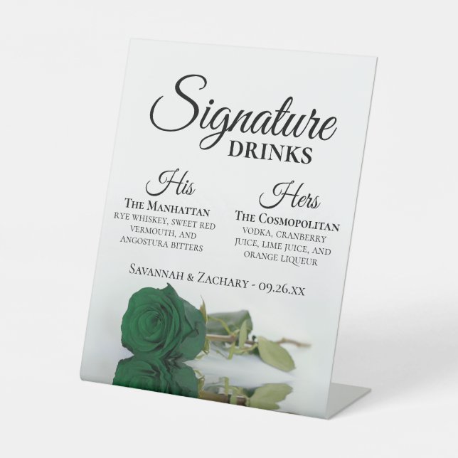 Signature Drinks Emerald Green Rose Wedding Pedestal Sign (Front)