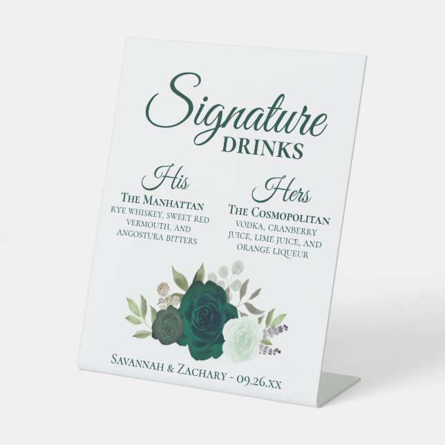Signature Drinks Emerald Green Roses Wedding Pedestal Sign (Front)