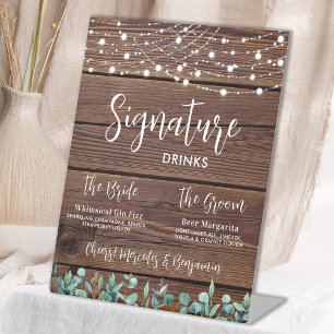 Signature Drinks Greenery String Lights Wedding  Pedestal Sign