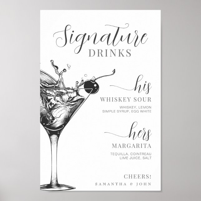 Signature Drinks His Hers Bride Groom Cocktail Bar Poster (Front)