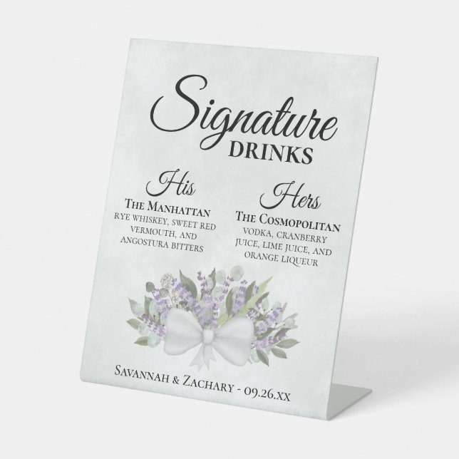 Signature Drinks Lavender & Eucalyptus Wedding Pedestal Sign (Front)