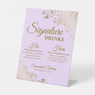 Signature Drinks Lilac Purple & Gold Wedding Bar Pedestal Sign