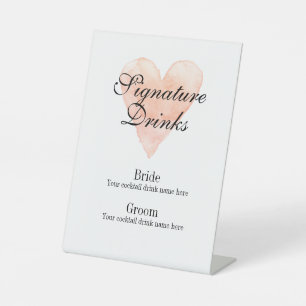 Signature drinks menu pink heart logo wedding pedestal sign