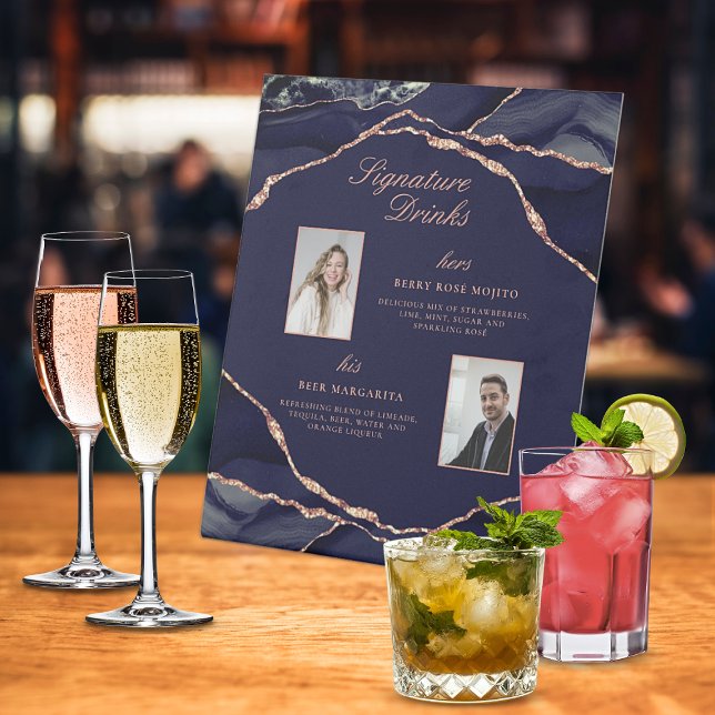 Signature Drinks Navy Rose Agate Wedding Photos Pedestal Sign (Signature Drinks Navy Rose Agate Wedding Photos Pedestal Sign)