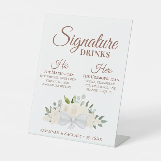 Signature Drinks Pale Blush Peach Floral Wedding Pedestal Sign (Front)