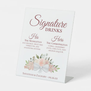 Signature Drinks Pink Roses & Blossoms Wedding Pedestal Sign