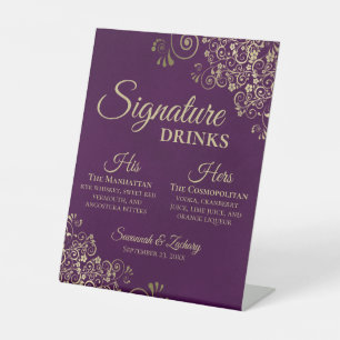 Signature Drinks Plum Purple & Gold Wedding Bar Pedestal Sign