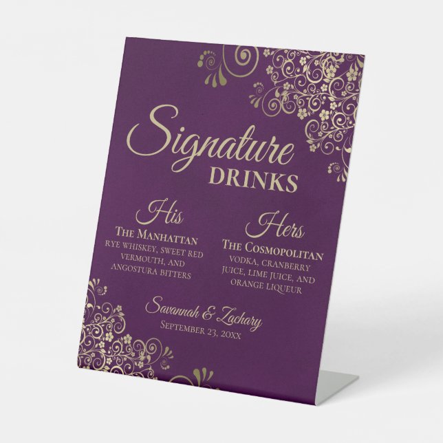 Signature Drinks Plum Purple & Gold Wedding Bar Pedestal Sign (Front)
