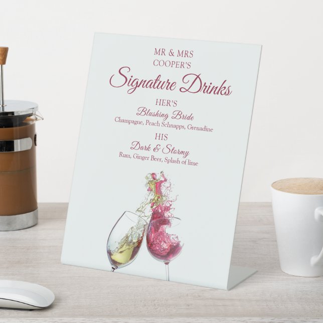 Signature Drinks Red and White Wine Dance Wedding Pedestal Sign (In SItu)