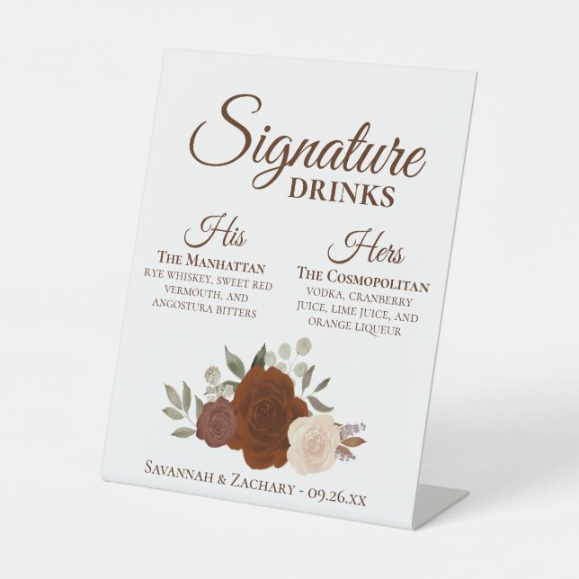 Signature Drinks Rust Orange Roses Wedding Pedestal Sign (Front)