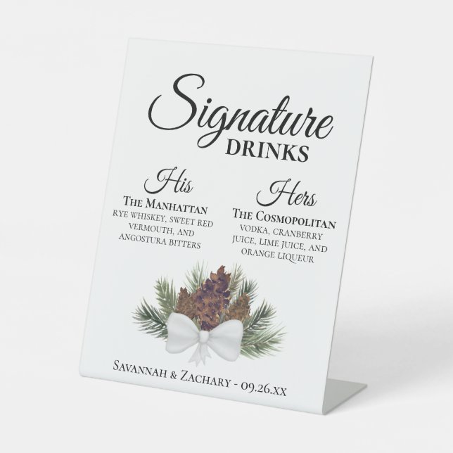 Signature Drinks Rustic Pinecones Bouquet Wedding Pedestal Sign (Front)