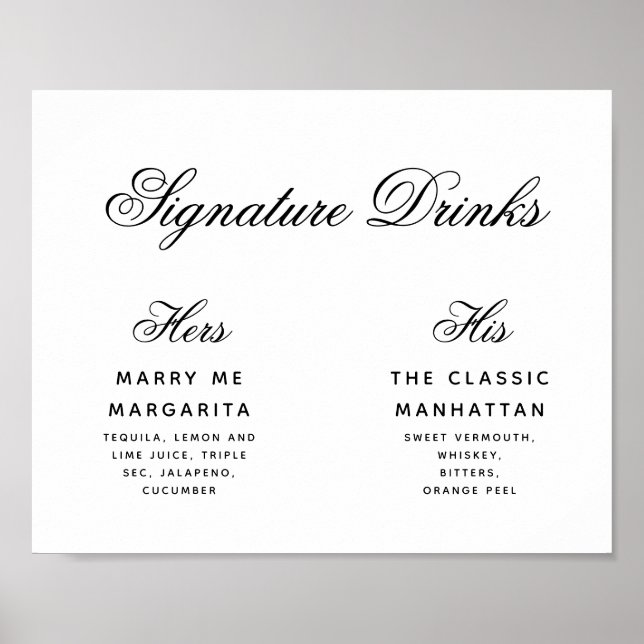 Signature Drinks Simple Black & White Wedding Sign (Front)