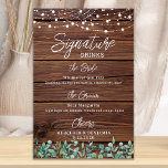 Signature Drinks String Lights Custom Wedding Bar  Poster<br><div class="desc">Signature Drinks ! Modern yet rustic eucalyptus and string lights on country rustic wood with elegant calligraphy, this signature drink bar sign features two cocktails 'the Bride' and 'the Groom', personalised with your drinks of choice. Customise this elegant wedding sign with your names and signature drinks! COPYRIGHT © 2020 Judy...</div>