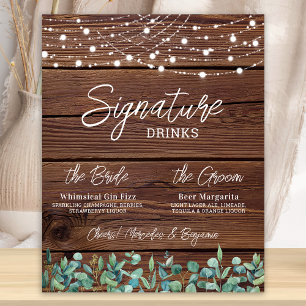 Signature Drinks String Lights Eucalyptus Wedding  Poster