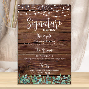 Signature Drinks String Lights Rustic Wedding Bar  Poster