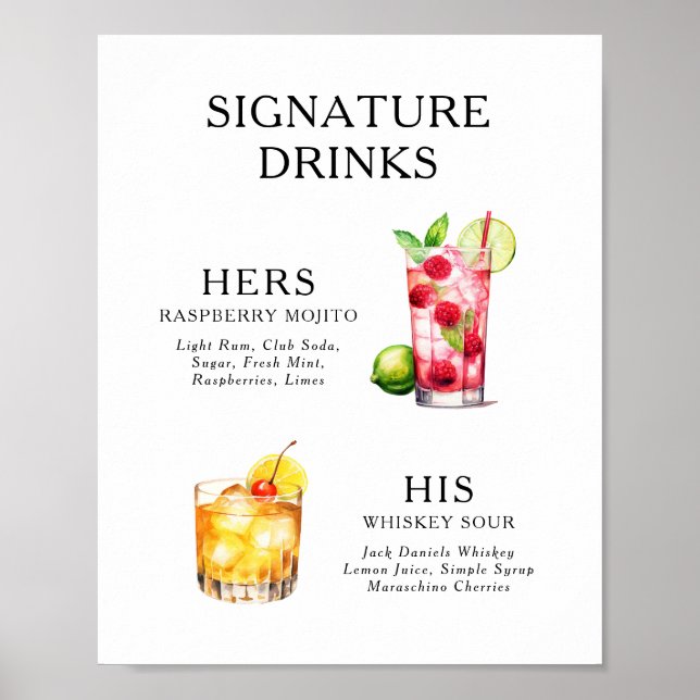Signature Drinks Wedding Cocktail Menu Poster (Front)