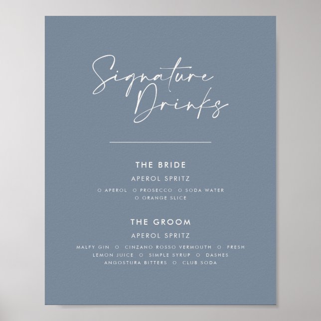 Signature drinks wedding modern minimal dusty blue poster (Front)
