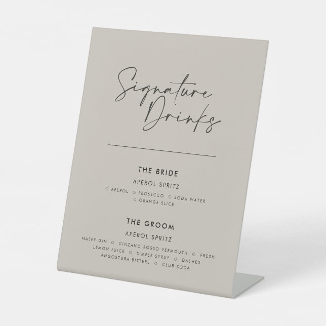 Signature drinks wedding modern minimal grey pedestal sign (Front)