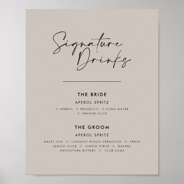 Signature drinks wedding modern minimal grey poster (Front)