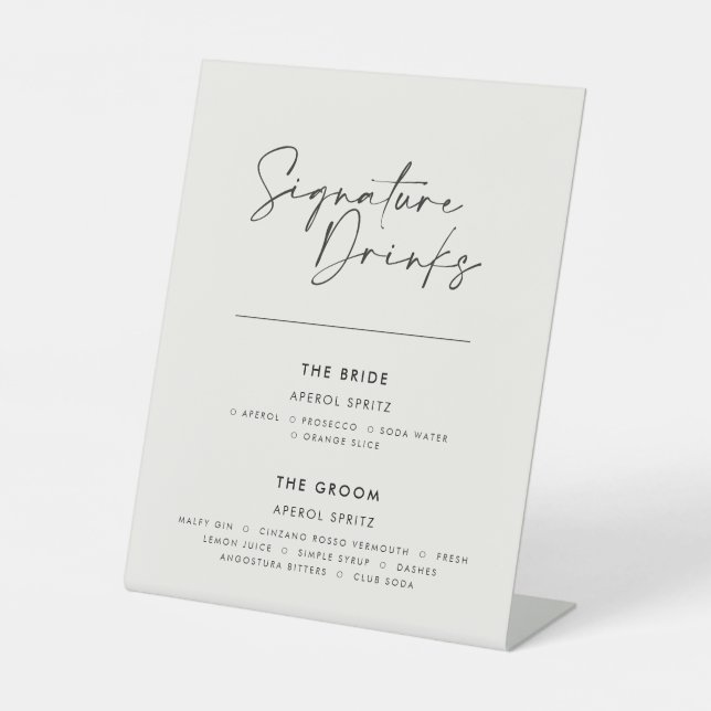 Signature drinks wedding modern minimal white pedestal sign (Front)