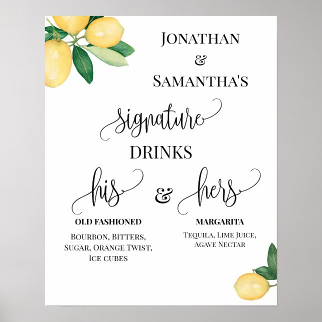 Signature Drinks Wedding Reception Lemons Sign (Front)