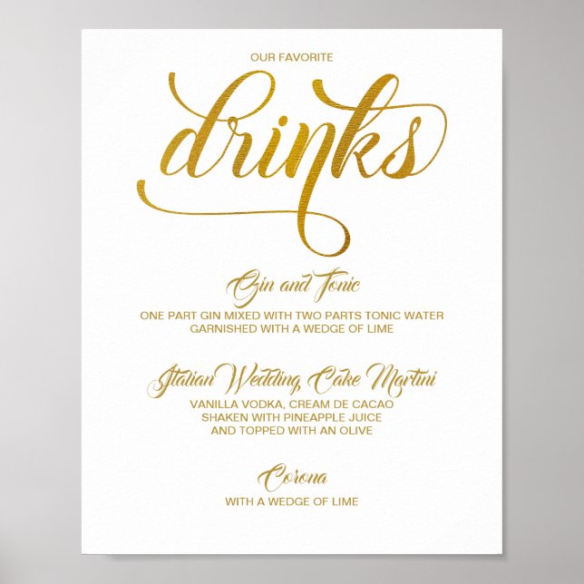 Signature Drinks Wedding Sign - Gold Foil (Faux) (Front)