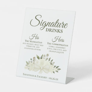 Signature Drinks White Roses & Blossoms Wedding Pedestal Sign