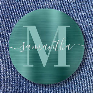 Signature Monogram Aqua Teal Shimmer Foil 6 Cm Round Badge