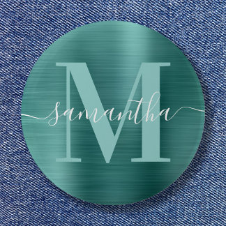 Signature Monogram Aqua Teal Shimmer Foil  6 Cm Round Badge