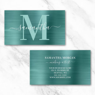 Signature Monogram Aqua Teal Shimmer Foil Business Card