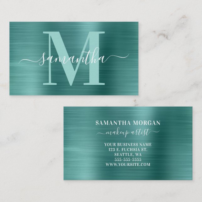 Signature Monogram Aqua Teal Shimmer Foil Business Card (Front/Back)