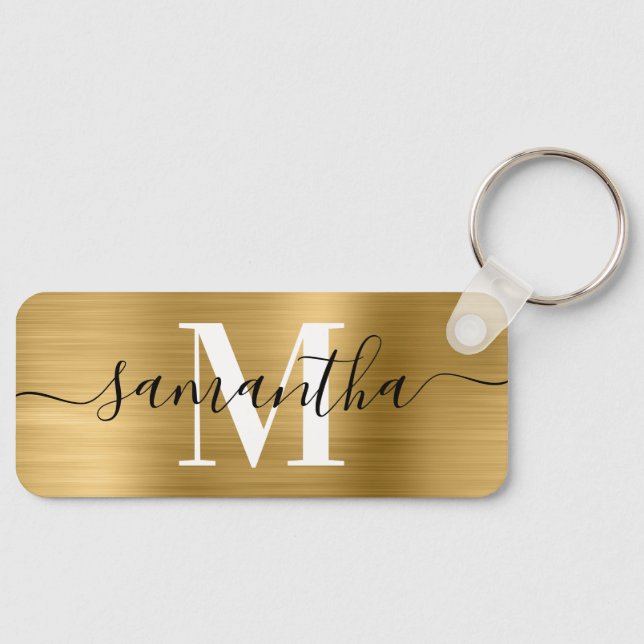 Signature Monogram Gold Foil Thin Rectangle Key Ring (Front)