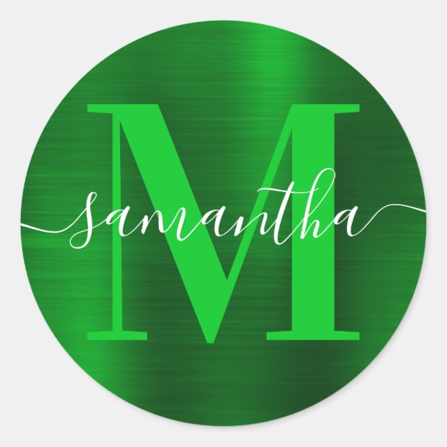 Signature Monogram Green Foil Classic Round Sticker (Front)