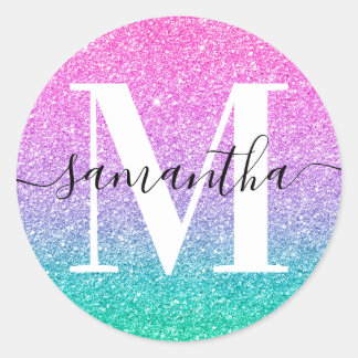 Signature Monogram Pink Purple Jade Ombre Glitter  Classic Round Sticker