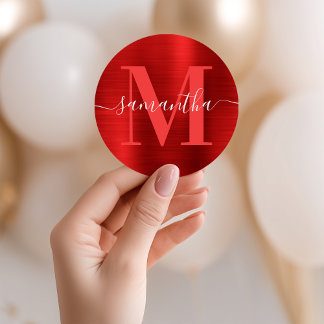Signature Monogram Red Foil Classic Round Sticker