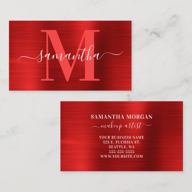 Signature Monogram Red Shimmer Foil Business Card (Front/Back)