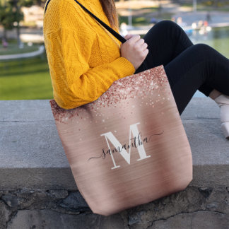 Signature Monogram Rose Gold Glittery Foil Tote Bag