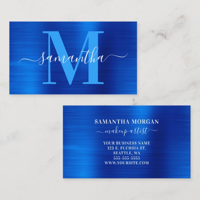 Signature Monogram Royal Blue Shimmer Business Card (Front/Back)