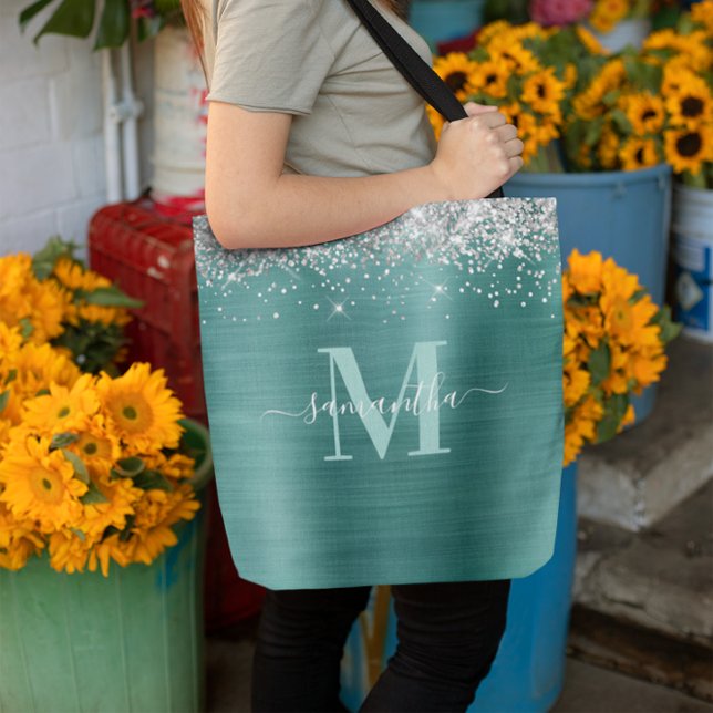 Signature Monogram Silver Glitter Aqua Teal Foil Tote Bag (Signature Monogram Silver Glitter Aqua Teal Foil Tote Bag)