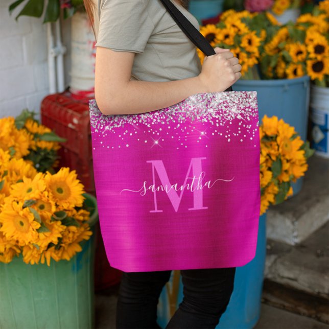Signature Monogram Silver Glitter Hot Pink Foil Tote Bag (Signature Monogram Silver Glitter Hot Pink Foil Tote Bag)